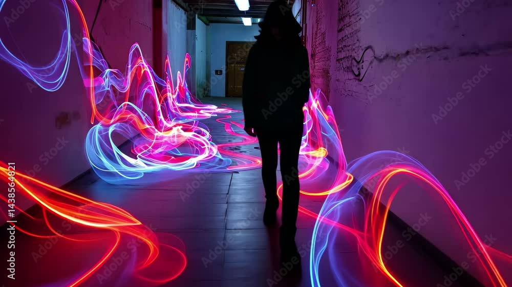 Poster vibrant light trails swirl around a figure in a dark corridor creating an artistic atmosphere in an 