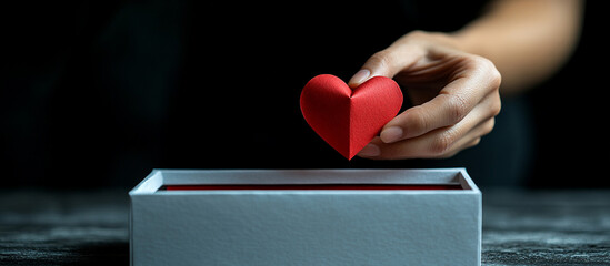 Hand placing a red paper heart into a white box.