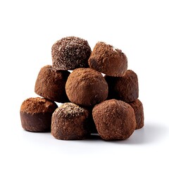 A close-up photograph of a stack of delicious chocolate truffles, isolated on a clean white background