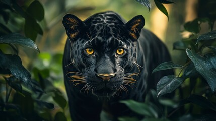 Majestic black panther with piercing yellow eyes, framed by lush green foliage, stares intensely at the camera.