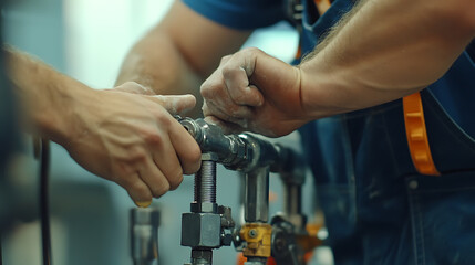 Workers Assembling Industrial Plumbing Components
