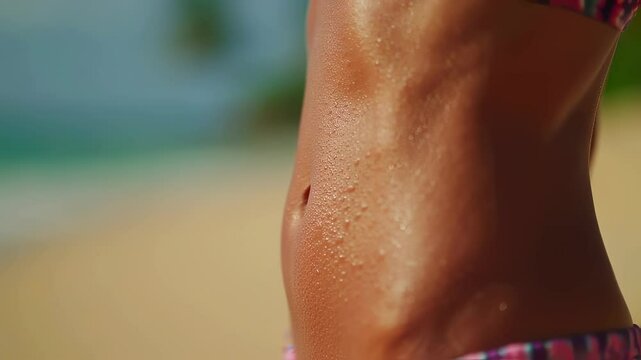 Close-up of woman's beautiful belly on a sunny beach day with ocean waves in the background