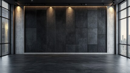 interior of a contemporary workplace. There are black soundproofing mats covering the walls. It's dark gray on the floor. The soffit is light gray with modern light --a