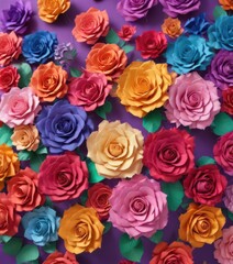 Gradient of colorful paper roses, vibrant backdrop,  rose petals,  floral design