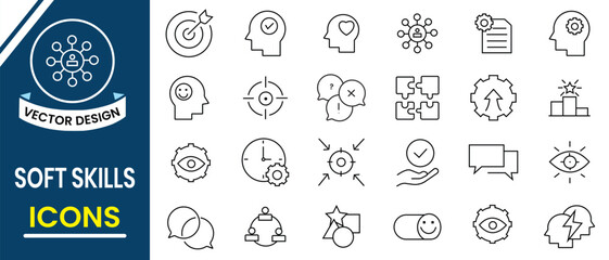 Soft skills line icon vector set. Outline icons of soft skills, problem solving, confidence, adaptability, patience, communication, personality, target line icon set. Vector illustration.