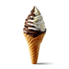 A delicious swirl of chocolate and vanilla soft serve ice cream in a crispy cone, isolated on a clean white background.