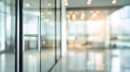 Blurred office interior scene with open door modern workspace soft lighting professional environment