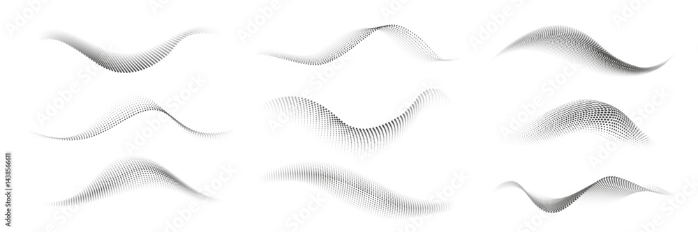 Poster dotted halftone waves. twisted wavy line with dotted point texture and halftone gradient wave flow. 
