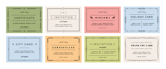 Line simple frames. Minimalist certificate template in classic elegance style, simple ornament on borders, gift card and diploma, invitation modern design. Vector set