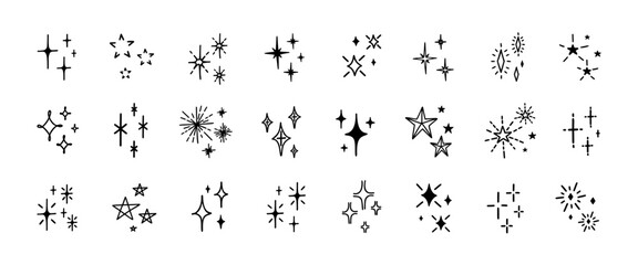 Obraz premium Stars and sparkle icons. Star twinkle sketch cartoon shine icon hand drawn twinkle cartoon sketch glitter icon shine sparkle glowing doodles. Vector set