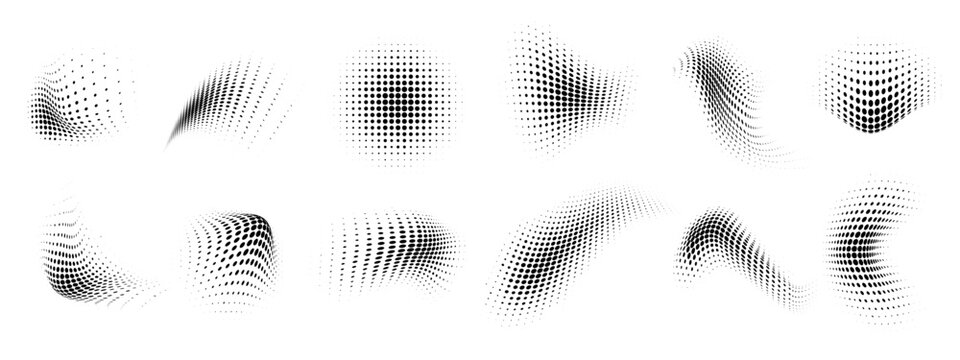 Dotted shape. Abstract halftone dot pattern with wavy half tone gradient shapes, dotted texture curves and smooth dot wave elements on white background. Vector set