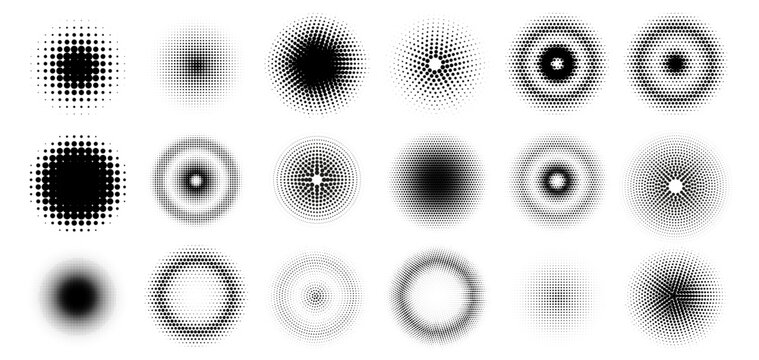 Halftone radial gradient. Abstract halftone dot pattern with circular radial gradient effect, comic style round frames and textured background elements. Vector set