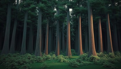 Obraz premium Dense forest with straight trees and light-shadow contrast.
