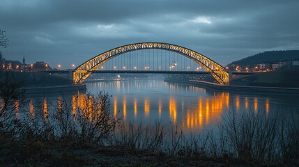 Majestic bridge spanning a river with innovative design and dramatic lighting for engineering, travel, and architectural themes