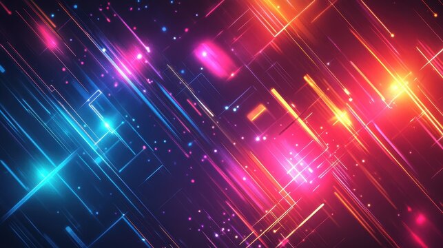 A neon-themed background with glowing signs, sharp lines, and bright electric colors