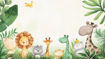 Cute watercolor safari animals, lion, giraffe, koala, surrounded by lush green tropical leaves, perfect for kids' design.