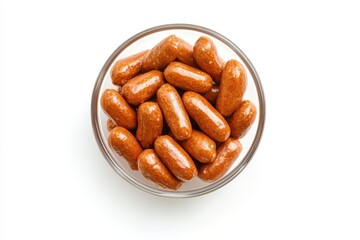Fototapeta premium Sweet Honey Roasted Peanuts in Glass Bowl a Delicious Treat Perfect Snack Golden Brown Color Crunchy Texture Top View White