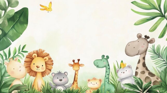 Fototapeta Cute watercolor safari animals, lion, giraffe, koala, surrounded by lush green tropical leaves, perfect for kids' design.