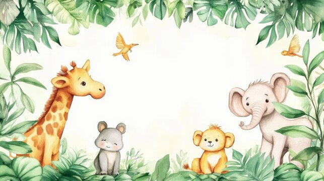 Cute cartoon safari animals framed by lush green tropical leaves on white background.