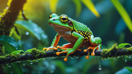 Obraz premium A vibrant green frog sits poised on a mossy branch, ready to leap