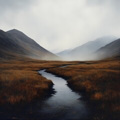 Serene mountain stream, autumn mist, valley landscape, nature tranquility, travel poster