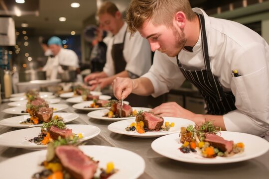 Chefs Plating Elegant Meat Dishes with Vegetables in a Professional Restaurant Kitchen for Dinner Service