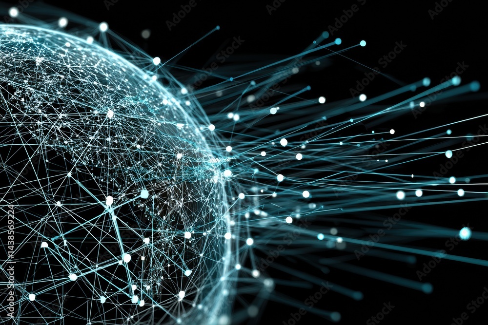 Poster Interconnected Nodes and Data Streams Create a Dynamic Wireframe Globe Representing Global Networks and Digital Communication