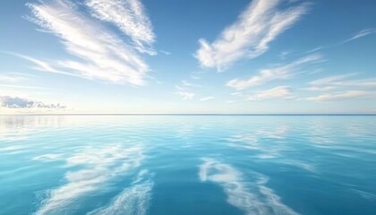 Calm blue sea mirroring sky with white clouds