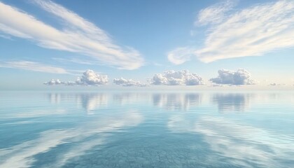 Fototapeta premium Calm blue sea mirroring sky with white clouds