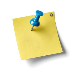 A yellow sticky note is attached to a white background with a blue push pin. isolated on white background