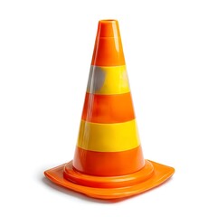 An orange and yellow striped traffic cone isolated on a white background