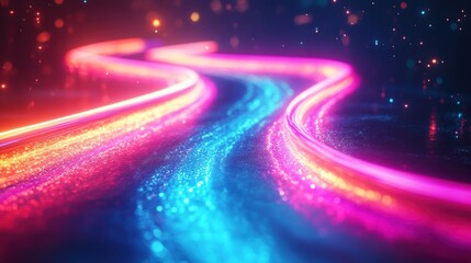 A glowing neon sign background with bright colors, illuminated letters, and a retro vibe