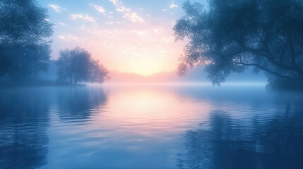 A peaceful lake at dawn background with misty waters, reflection of trees, and soft morning light