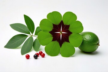 Trevo de quatro folhas, sorte, fortuna, Frutas, verduras, temperos frescos. Isolados em fundo branco