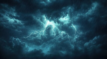 Fototapeta premium A dramatic thunderstorm background with dark clouds, lightning bolts, and heavy rain