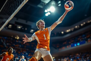 Professional volleyball player spiking the ball during intense match in crowded stadium