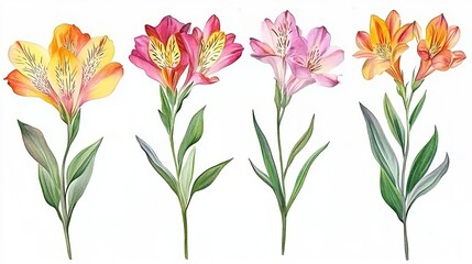 Watercolor painting of six colorful lilies on white background