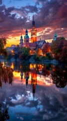 The breathtaking night skyline of Warsaw comes alive as the illuminated historic architecture beautifully reflects upon the water, creating an enchanting scene