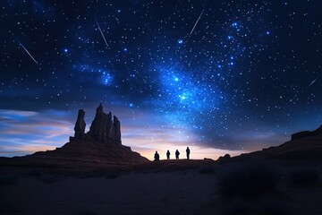 Small group stargazing under  meteor shower at remote desert plateau