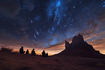 Naklejka premium Small group stargazing under meteor shower at remote desert plateau
