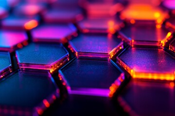 Fototapeta premium Abstract 3D hexagon pattern with neon pink and blue lighting