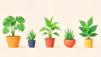 Fototapeta premium Colorful potted plants arranged in a row on a light background 