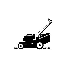 Garden Lawn Mower Silhouette: A detailed silhouette of a classic lawn mower, set against a simple backdrop. ready to work on a yard.