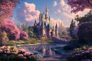 Magical castle with spring blossoms
