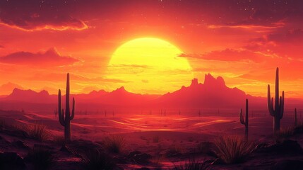 A desert sunset background with glowing orange skies, sand dunes, and cactus silhouettes