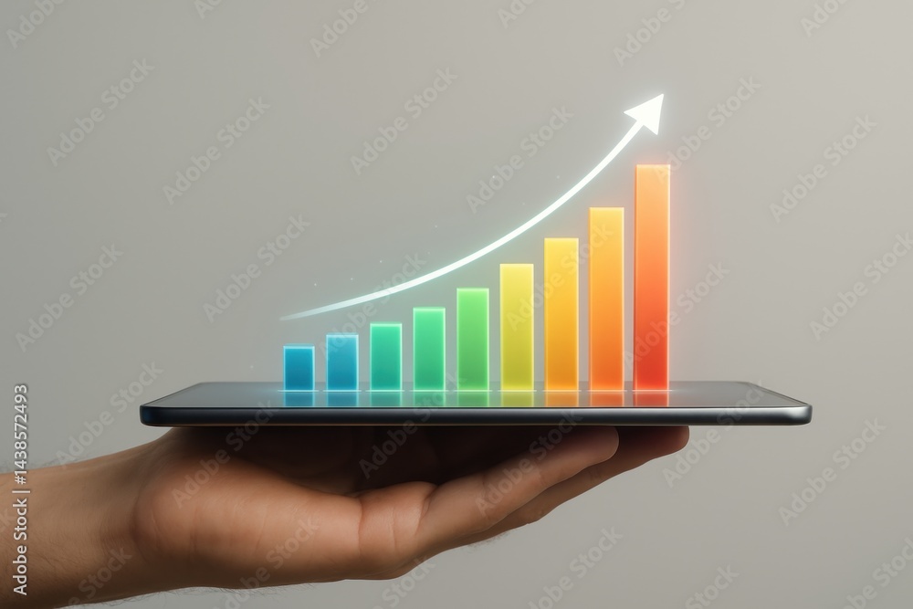 Poster growth trajectory: a hand holds a tablet displaying a vibrant, ascending bar graph with an arrow sym