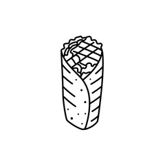 Burrito Illustration: A minimalist black and white illustration of a delicious burrito, showcasing its savory contents wrapped in a soft tortilla, inviting a culinary experience.