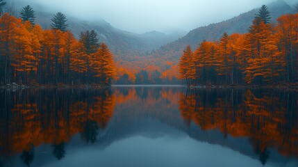 Fototapeta premium Serene autumn lake reflecting vibrant foliage and misty mountains.