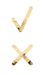 Golden checkbox with checkmark and cross symbols, representing correct and incorrect answers. Metallic texture, symbolizing approval and denial. isolated on white background..