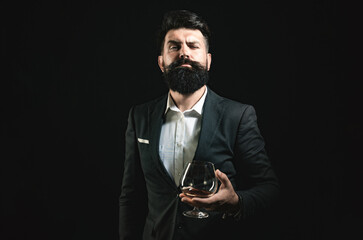 Brandy cognac scotch for liquor. Man drinking scotch alone at bar. Liquor classic vintage glass. Liquor glass held by man. Liquor store. Brandy scotch tasting with retro style.